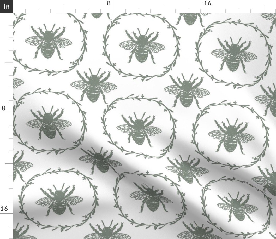 Large French Provincial Bees in Laurel Wreaths in Sage Green on White Fabric