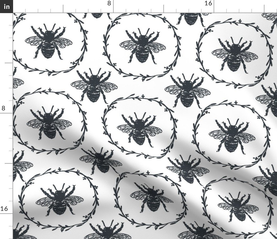 Large French Provincial Bees in Laurel Wreaths in Twilight Blue on White Fabric