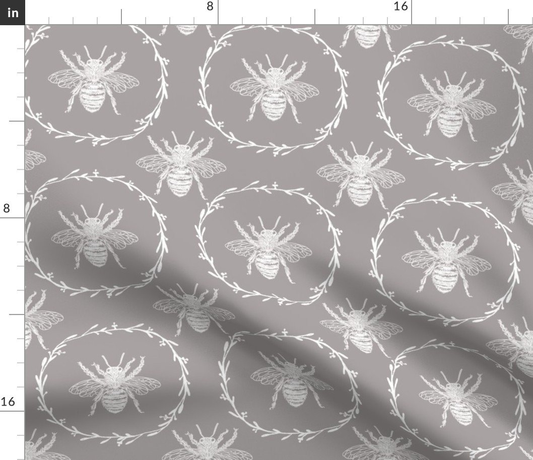 Large French Provincial Bees in Laurel Wreaths in White on Fawn Fabric