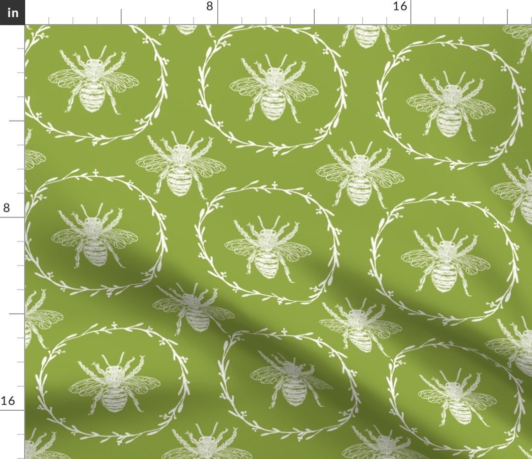 Large French Provincial Bees in Laurel Wreaths in White on Grass Green Fabric
