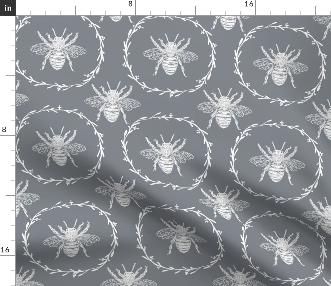 Large French Provincial Bees in Laurel Wreaths in White on Grey Blue Fabric Large French Provincial Bees in Laurel Wreaths in White on Grey Blue Fabric