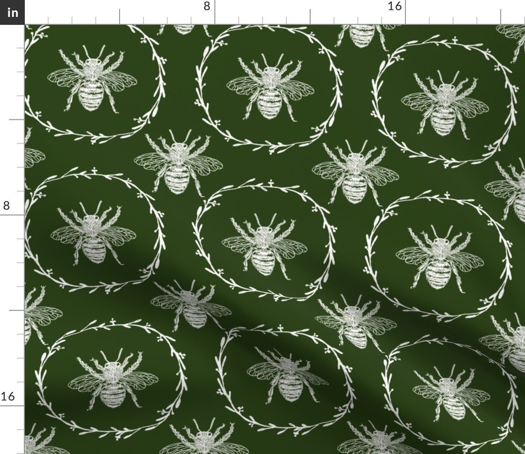 Large French Provincial Bees in Laurel Wreaths in White on Lichen Green Fabric