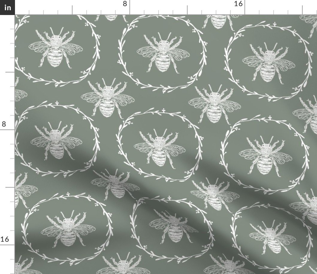 Large French Provincial Bees in Laurel Wreaths in White on Sage Green Fabric