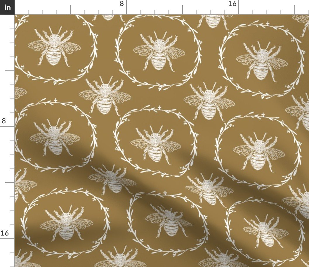 Large French Provincial Bees in Laurel Wreaths in White on Tan Fabric