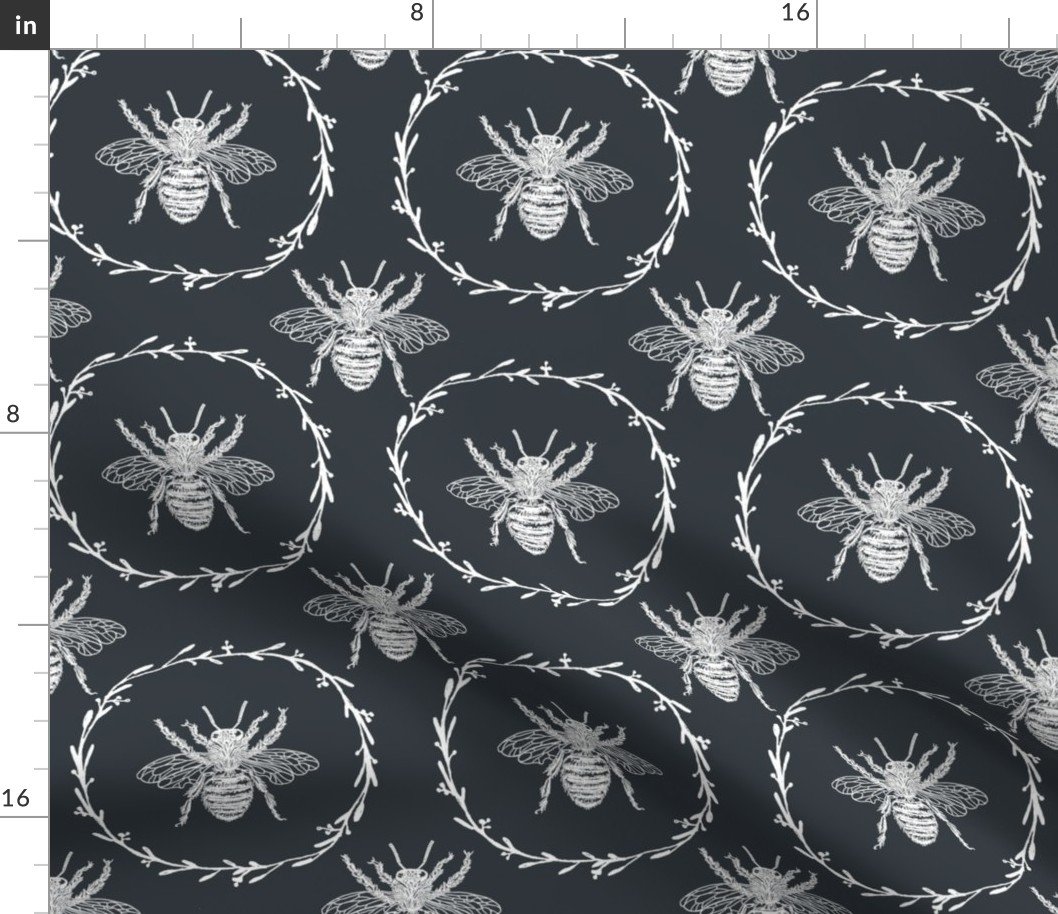 Large French Provincial Bees in Laurel Wreaths in White on Twilight Blue Fabric