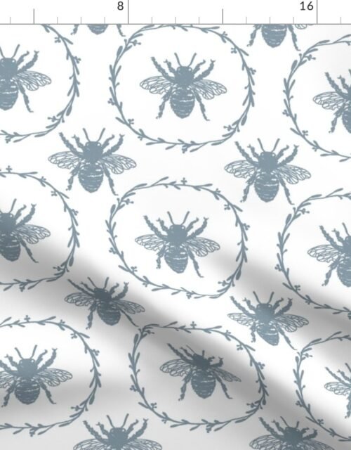 Large French Provincial Bees in Laurel Wreaths in Winter Blue on White Fabric