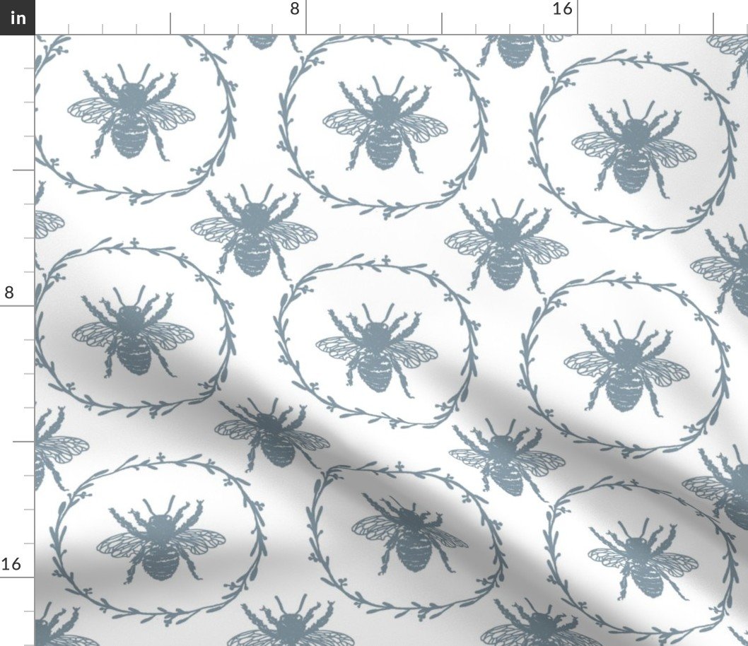 Large French Provincial Bees in Laurel Wreaths in Winter Blue on White Fabric Large French Provincial Bees in Laurel Wreaths in Winter Blue on White Fabric