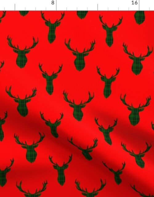 Large Green and Black Tartan Silhouetted Buck Deer Trophy Heads with Antler Racks Mounted on Red Fabric