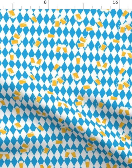 Large Mugs of Beer on Bavarian Blue Background Fabric