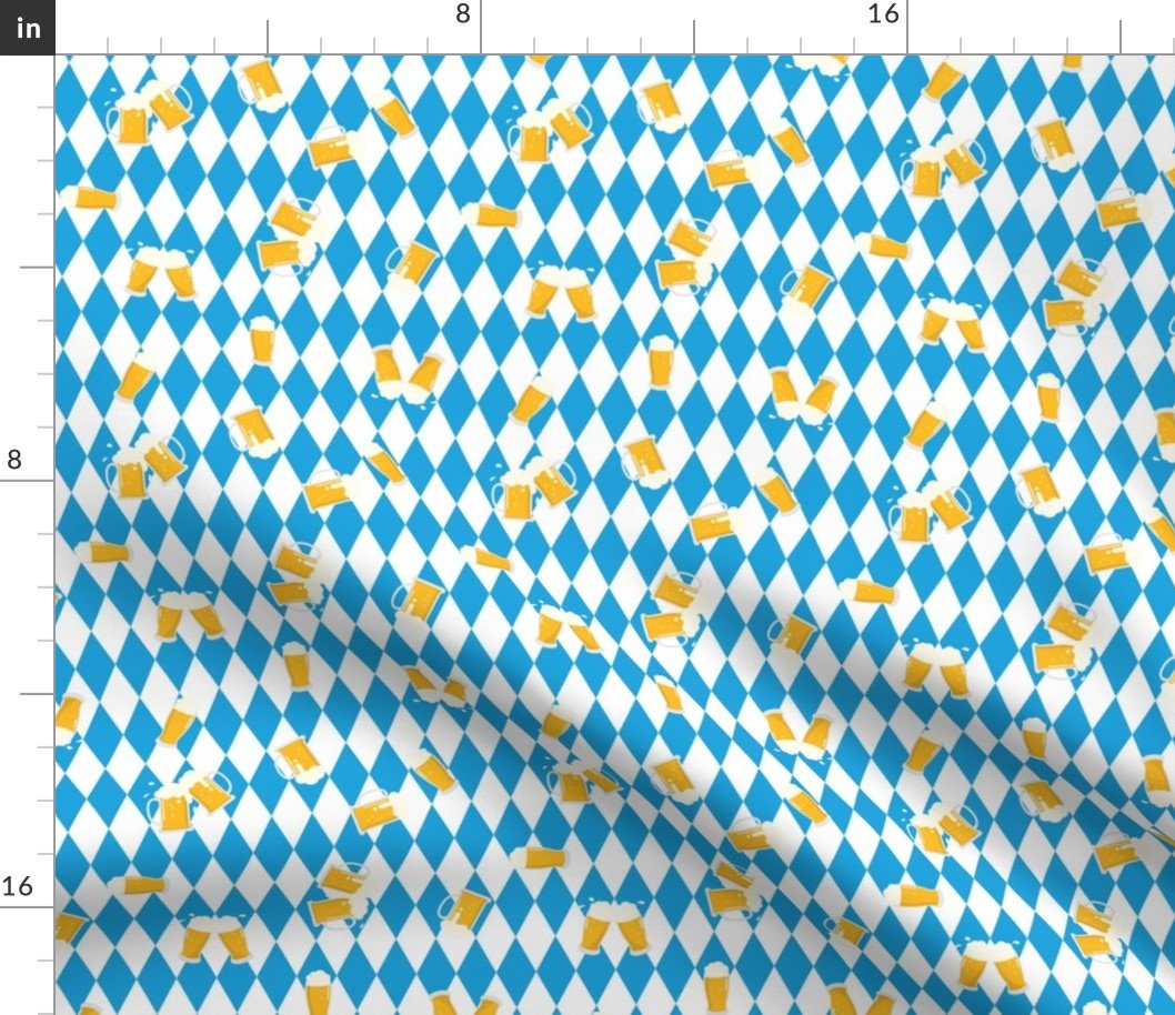 Large Mugs of Beer on Bavarian Blue Background Fabric Large Mugs of Beer on Bavarian Blue Background Fabric