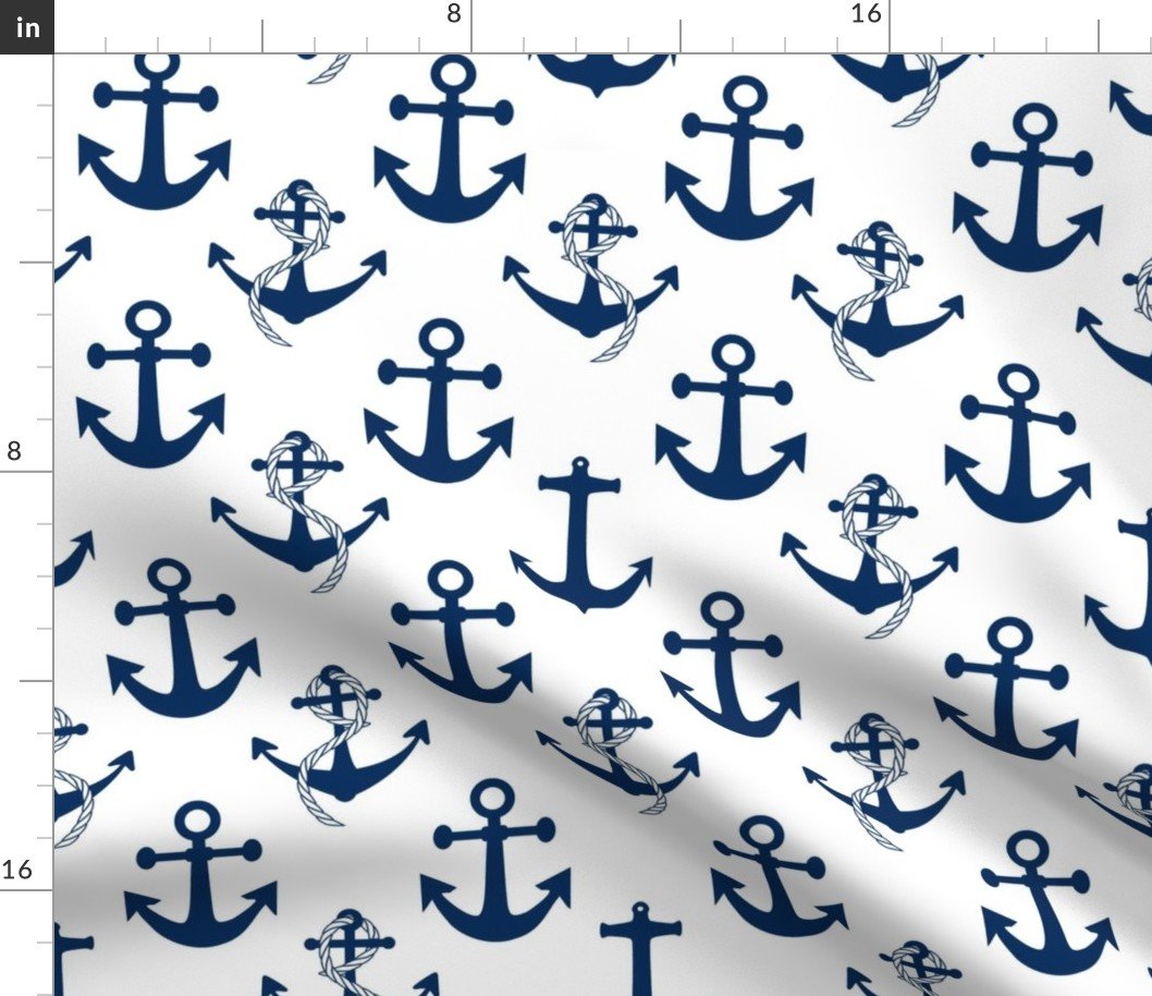 Large Nautical Blue Sailing Boat Anchors on White Fabric Large Nautical Blue Sailing Boat Anchors on White Fabric