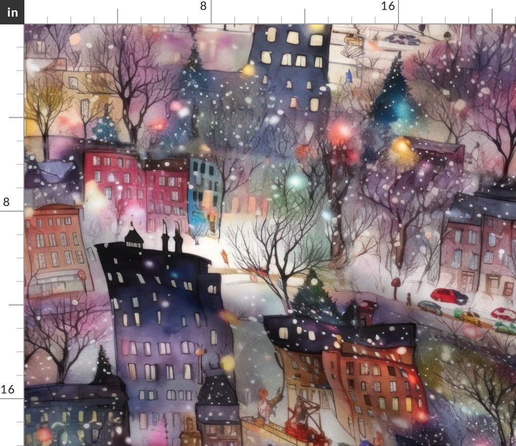 Large New York City Christmas Street Watercolor Fabric