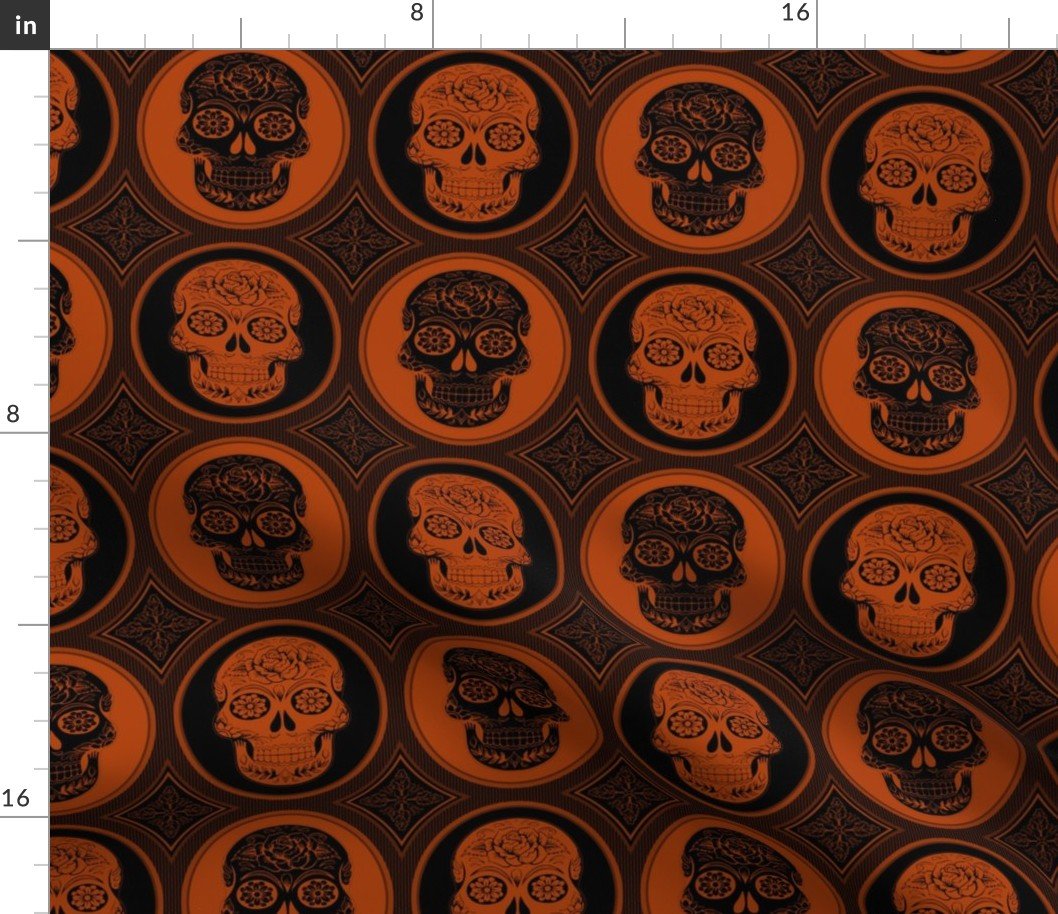 Large Orange and Black Skulls Calaveras Day of the Dead Dia de los Muertos Fabric Large Orange and Black Skulls Calaveras Day of the Dead Dia de los Muertos Fabric