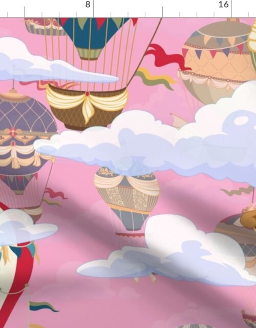 Large Pink Vintage Ornamental Winged Hot Air Helium Balloons in Clouds Race Fabric