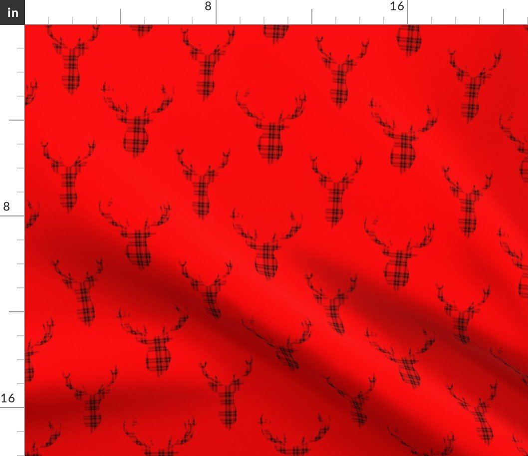 Large Red and Black Tartan Silhouetted Buck Deer Trophy Heads with Antler Racks Mounted on Red Fabric