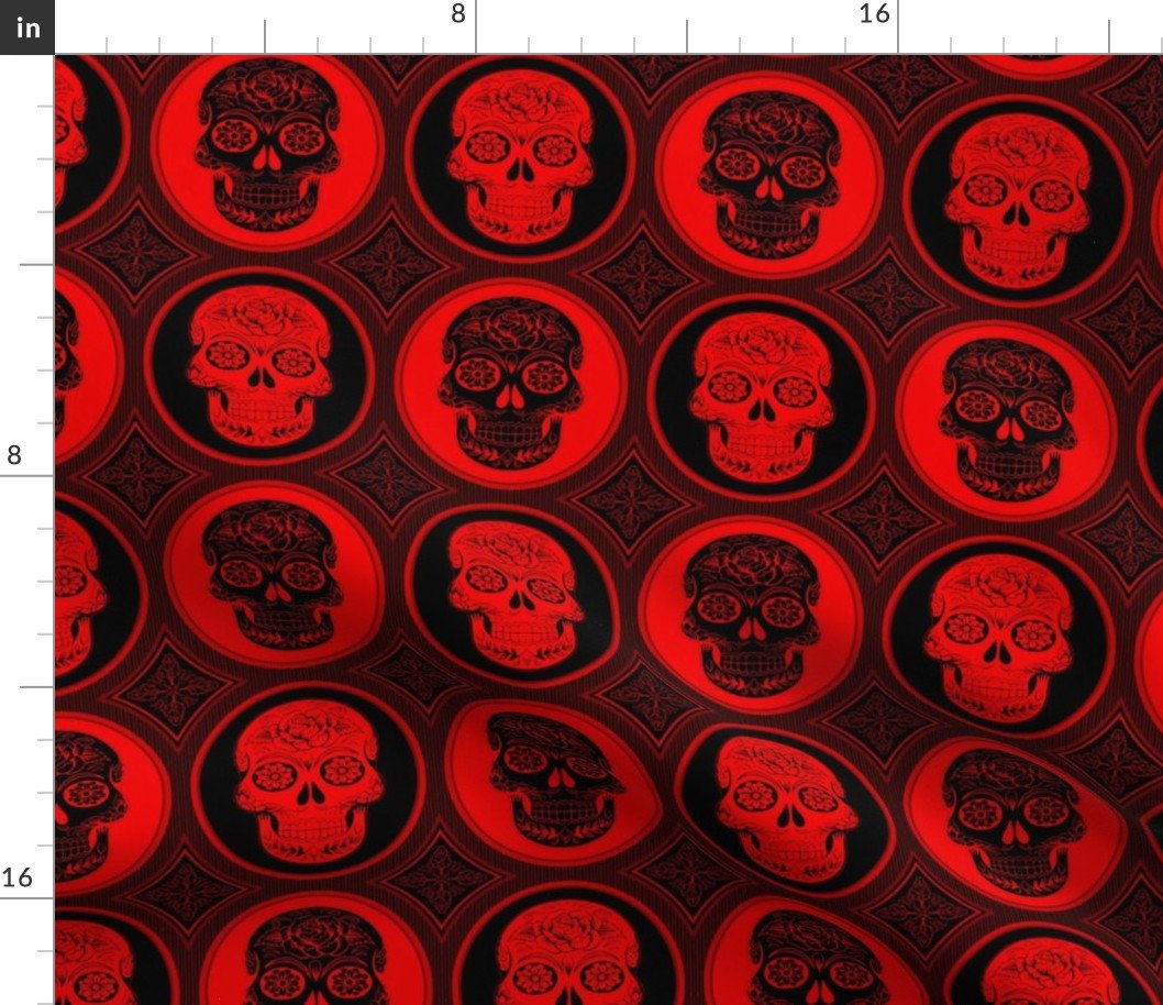 Large Red and Black  Skulls Calaveras Day of the Dead Dia de los Muertos Fabric