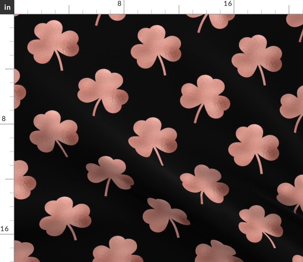 Large Rose Gold Faux Foil Heart-Shaped Clover on Black St. Patricks Day Fabric Large Rose Gold Faux Foil Heart-Shaped Clover on Black St. Patricks Day Fabric
