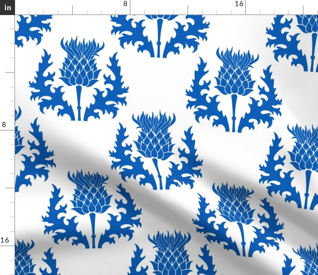 Large Scottish Flag Blue Thistle Flower of Scotland on White Fabric Large Scottish Flag Blue Thistle Flower of Scotland on White Fabric