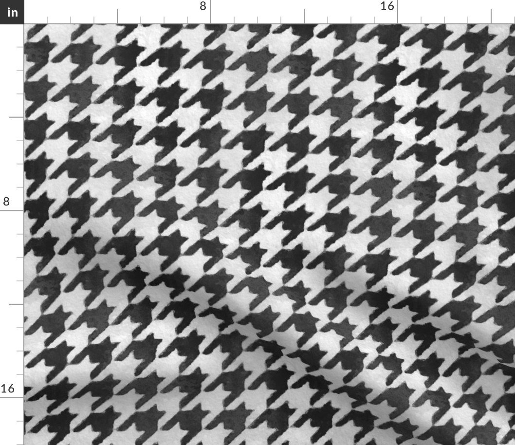 Large Soot Black and White Handpainted Houndstooth Check Watercolor Pattern Fabric