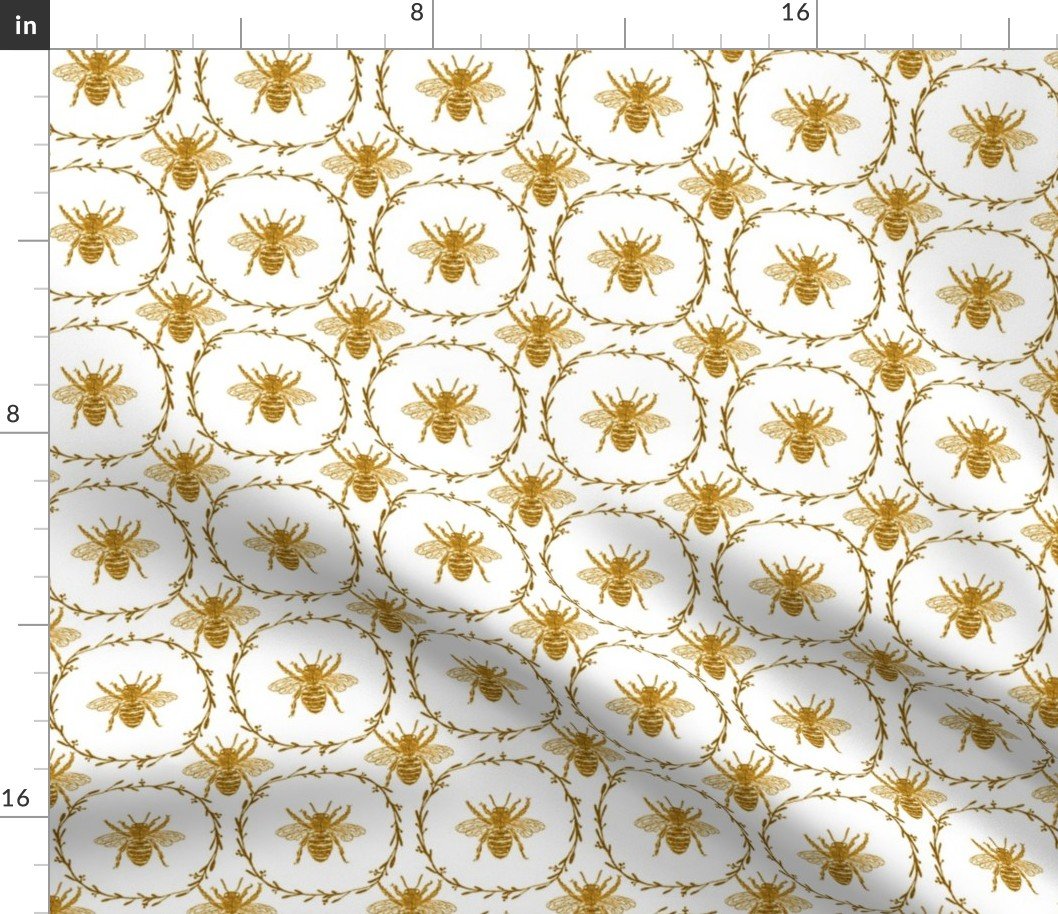 Large Vintage Shabby Chic Bees in Laurel Wreaths in Gold on White Fabric