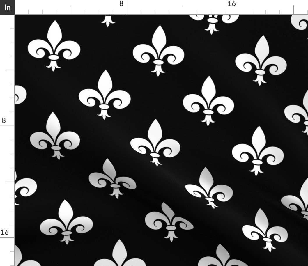 Large White French Fleur de Lis on Black Fabric Large White French Fleur de Lis on Black Fabric
