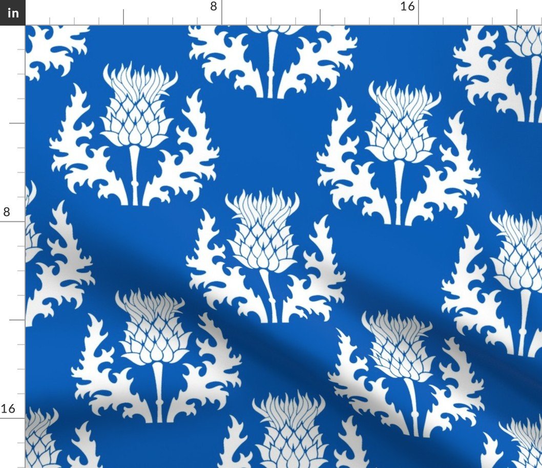 Large White Thistle Flower of Scotland on Scottish Flag Blue Fabric Large White Thistle Flower of Scotland on Scottish Flag Blue Fabric
