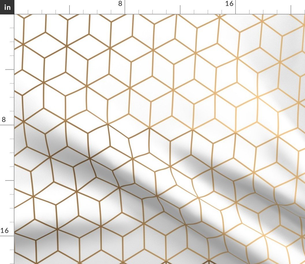 Large White and Faux Metallic Gold Art Deco 3D Geometric Cubes Fabric