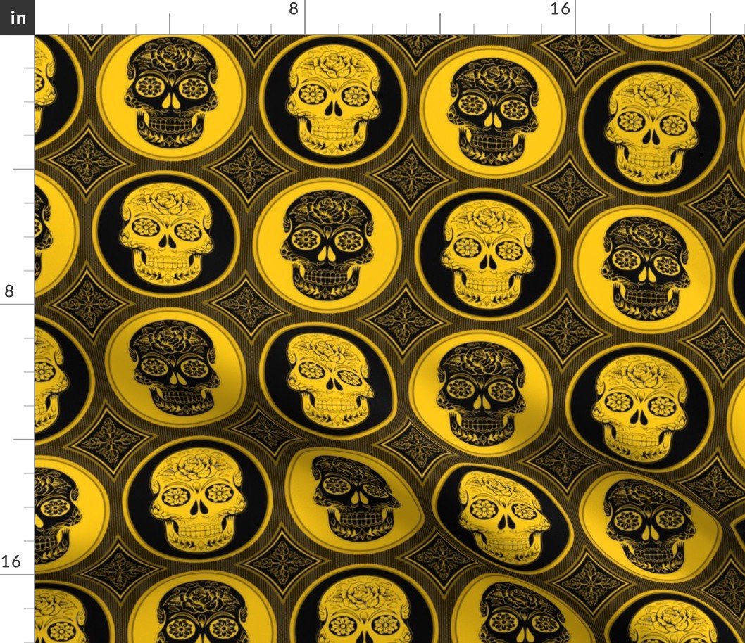 Large Yellow and Black Skulls Calaveras Day of the Dead Dia de los Muertos Fabric