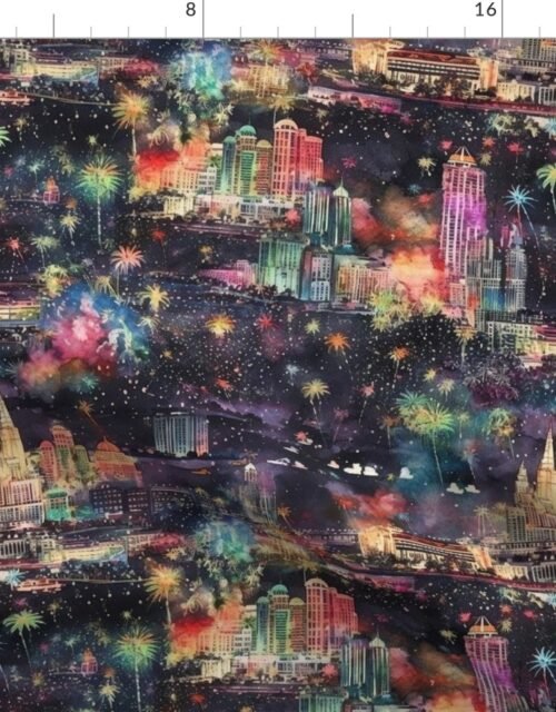 Las Vegas at New Year's in Watercolors with Fairy Lights and Landmarks Fabric