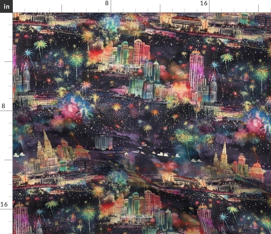 Las Vegas at New Year's in Watercolors with Fairy Lights and Landmarks Fabric