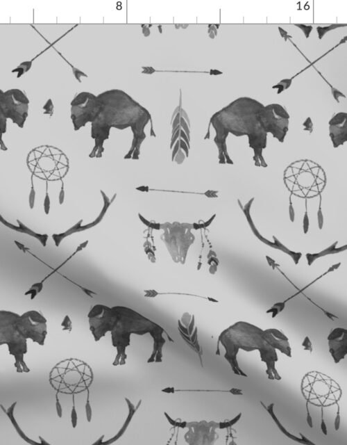 Light Grey Buffalo Handpainted Western Motifs Fabric