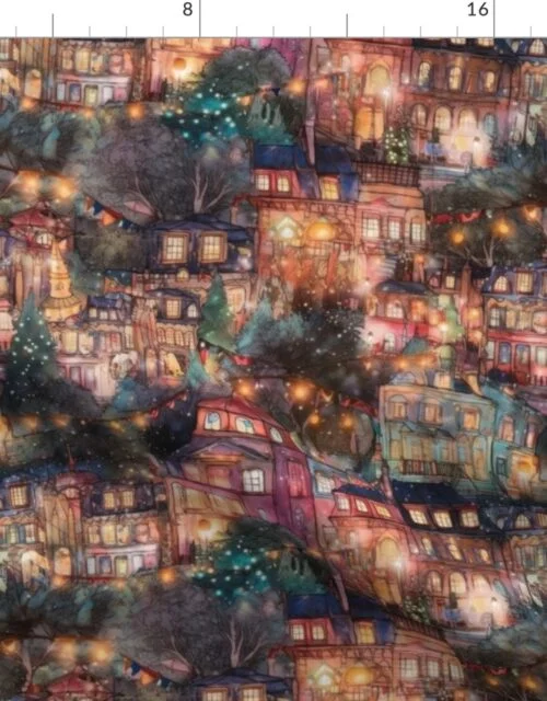 London City Christmas at Midnight Street Watercolor Fabric