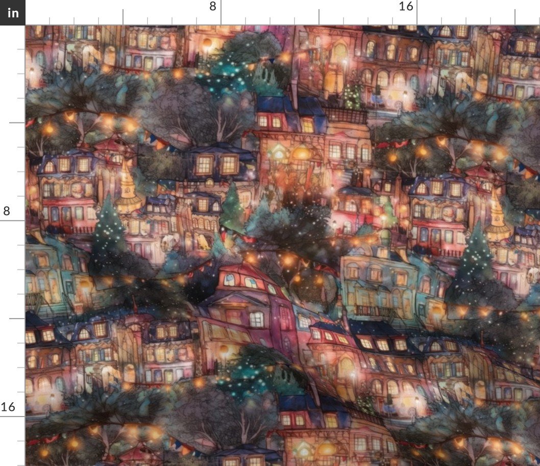 London City Christmas at Midnight Street Watercolor Fabric