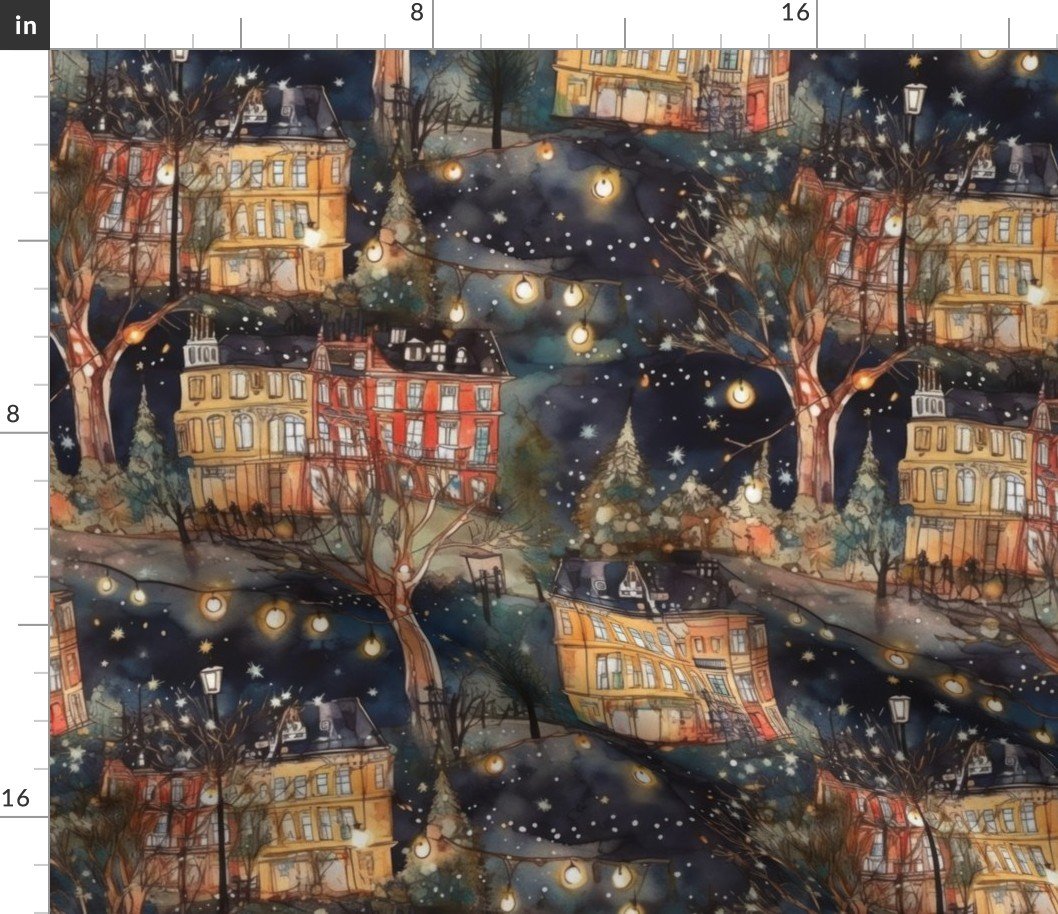 London City Christmas at Midnight Street Watercolor Fabric