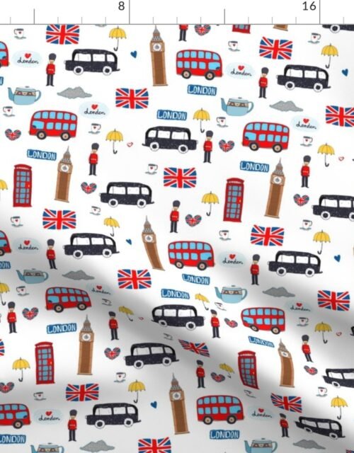 London England Handdrawn Motifs Big Ben, Union Jack, Palace Guard, Teatime, Black Cabs on White Fabric