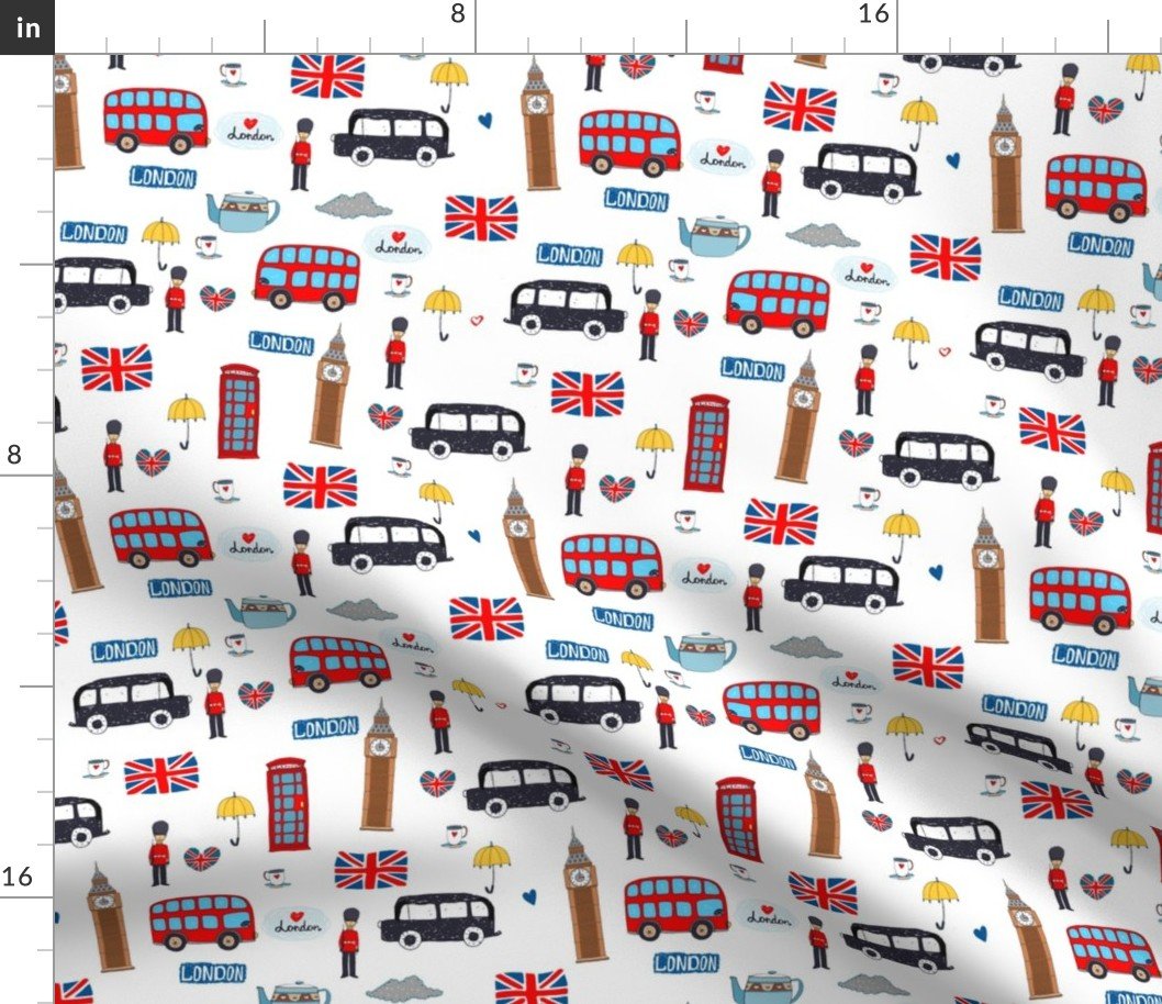 London England Handdrawn Motifs Big Ben, Union Jack, Palace Guard, Teatime, Black Cabs on White Fabric