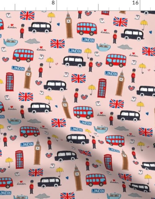 London England Handdrawn Motifs Big Ben, Union Jack, Palace Guard, Teatime, Black Cabs on  Pink Fabric