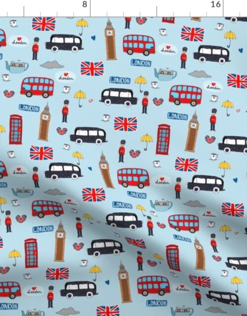 London England Handdrawn Motifs Big Ben, Union Jack, Palace Guard, Teatime, Brollies on Blue Fabric