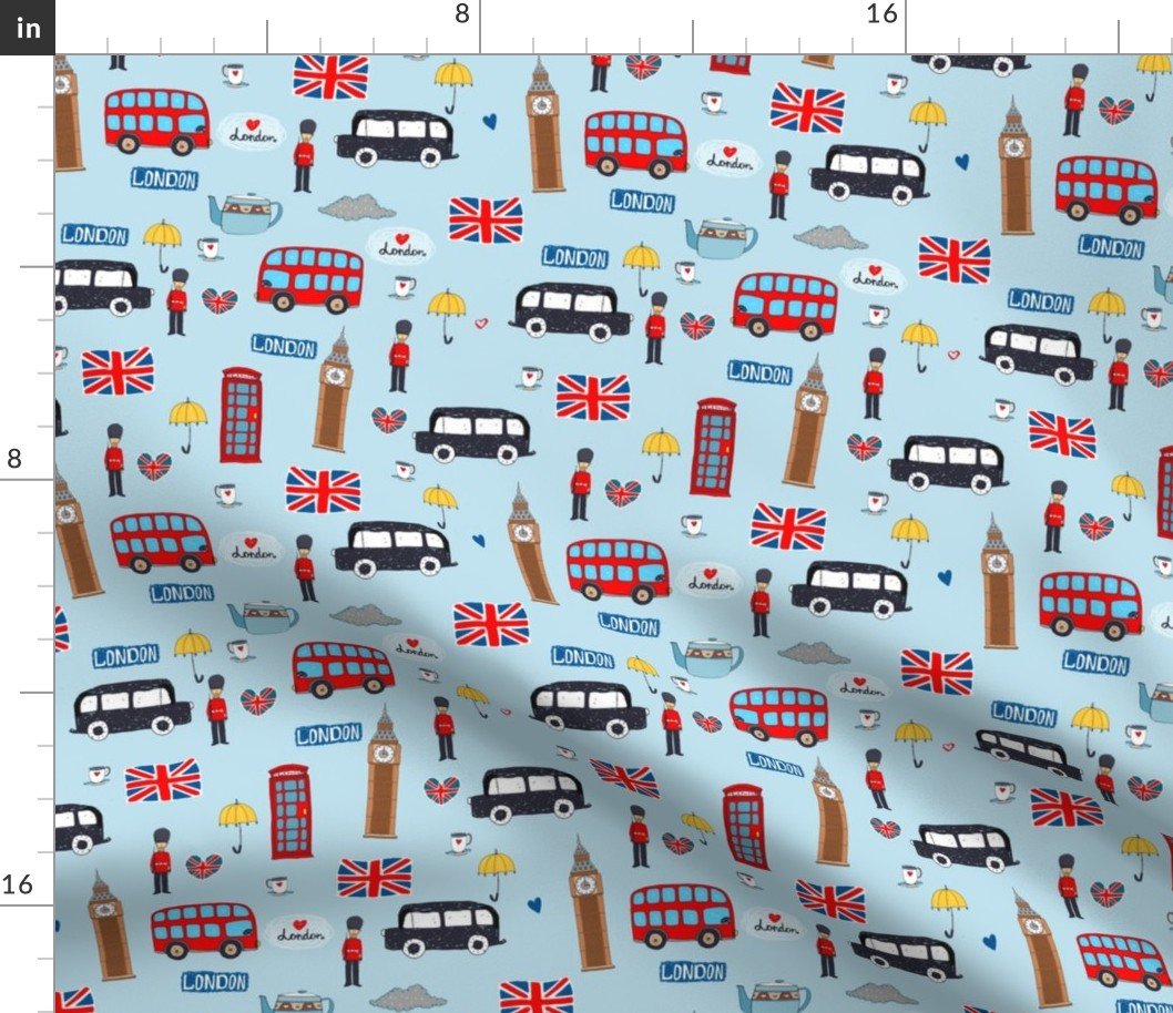 London England Handdrawn Motifs Big Ben, Union Jack, Palace Guard, Teatime, Brollies on Blue Fabric