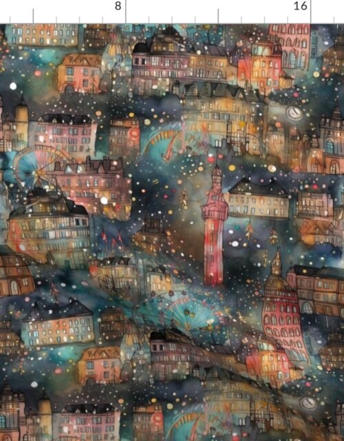 London at New Year's in Watercolors with Fairy Lights and Landmarks Fabric