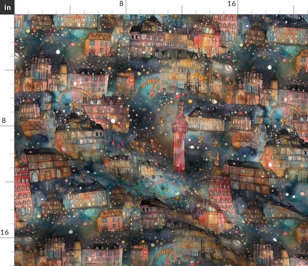 London at New Year's in Watercolors with Fairy Lights and Landmarks Fabric