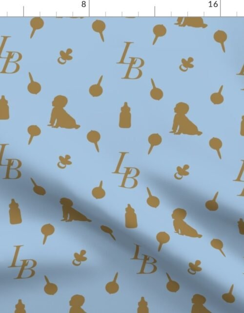 Louis Baby Luxury Iconic Monogram Pattern on Classic Blue with Tan Motifs Fabric