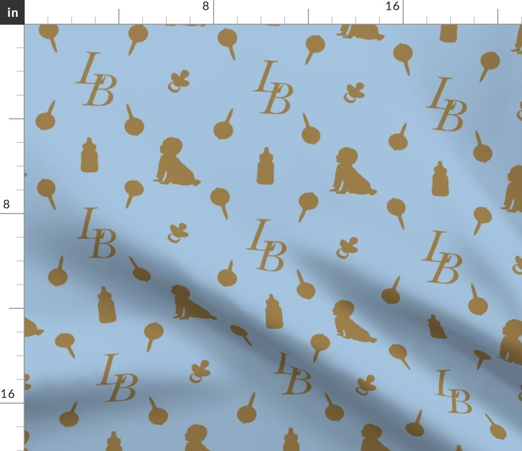 Louis Baby Luxury Iconic Monogram Pattern on Classic Blue with Tan Motifs Fabric