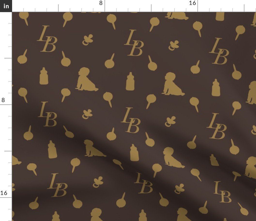 Louis Baby Luxury Iconic Monogram Pattern on Classic Brown with Tan Motifs Fabric