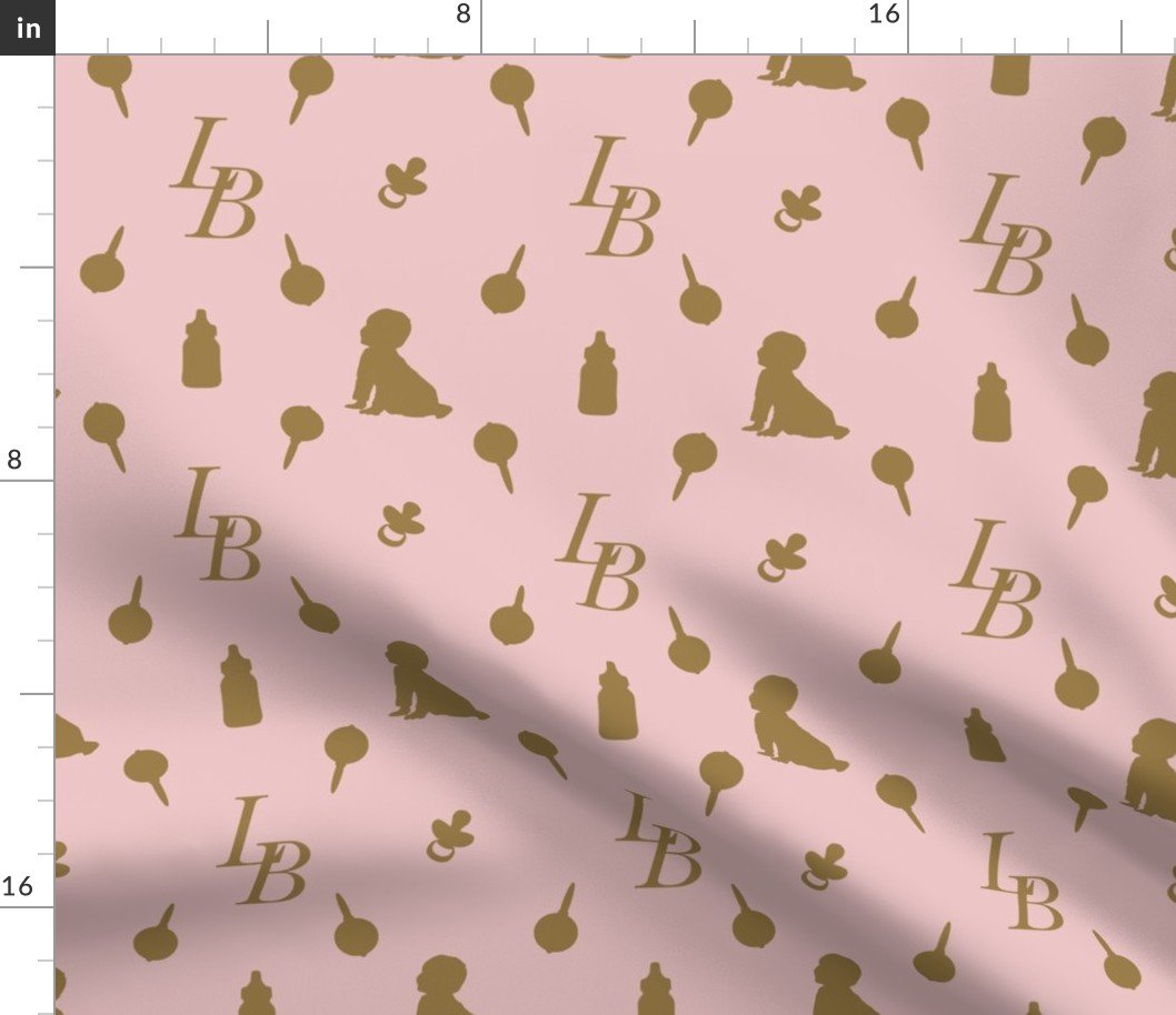Louis Baby Luxury Iconic Monogram Pattern on Classic Pink with Tan Motifs Fabric