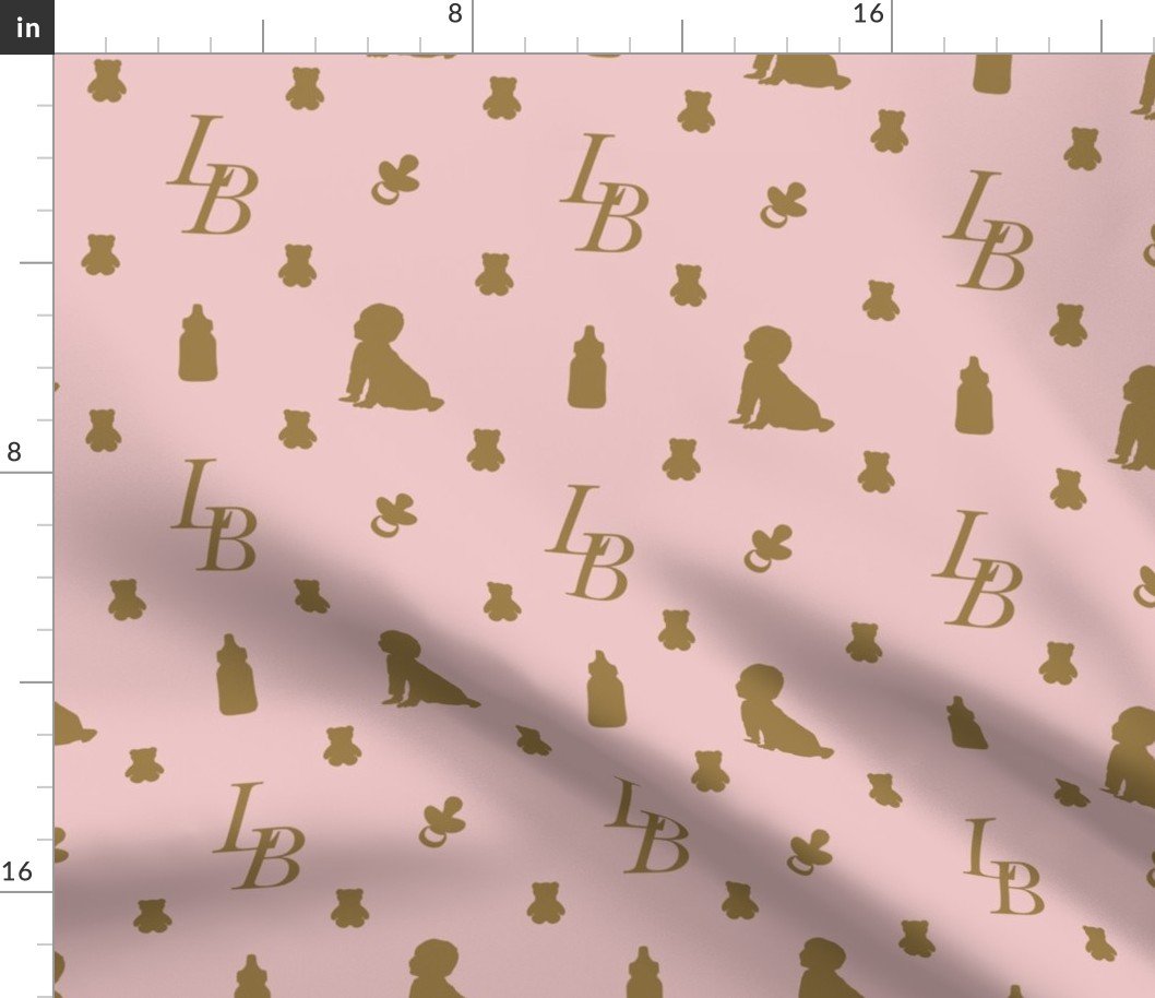 Louis Baby Luxury Iconic Monogram Pattern on Classic Pink with Tan Motifs Fabric