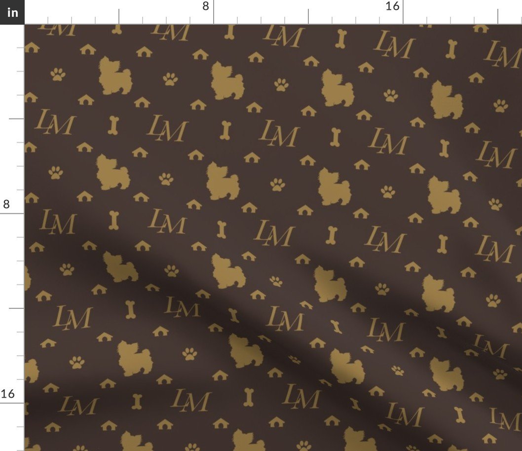 Louis Maltese Dog Brown and Beige Pattern with LM Initials and Bone Motifs Fabric Louis Maltese Dog Brown and Beige Pattern with LM Initials and Bone Motifs Fabric