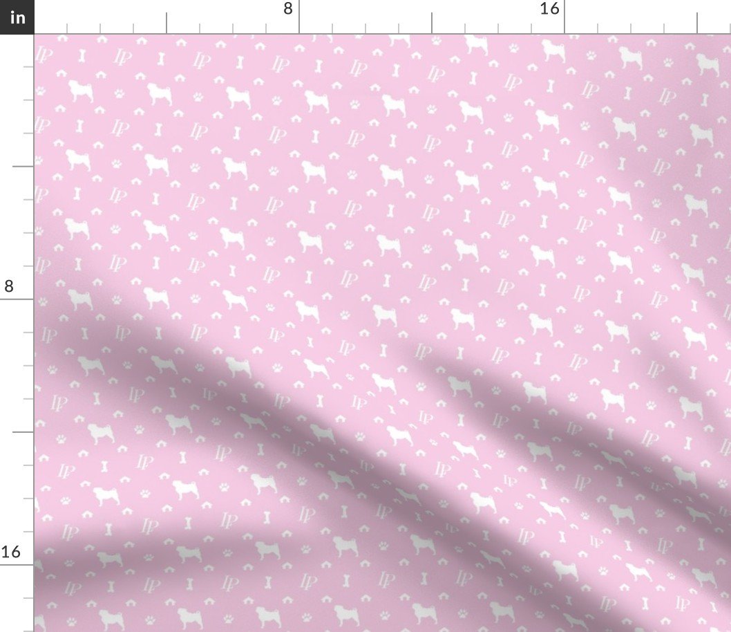 Louis Pug Face Luxury Dog Pattern in White on Princess Pink Fabric