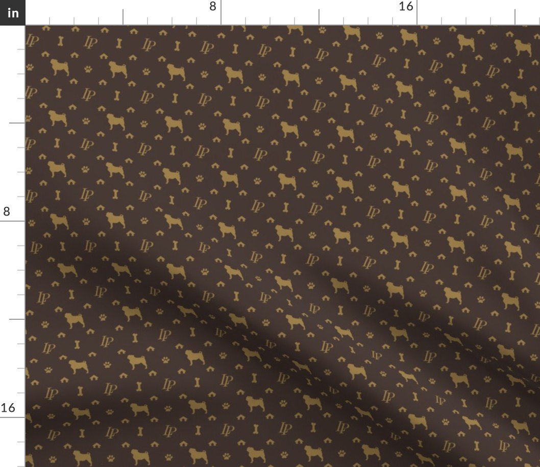 Louis Pug Face Luxury Dog Smaller Pattern in Tan on Brown Fabric Louis Pug Face Luxury Dog Smaller Pattern in Tan on Brown Fabric