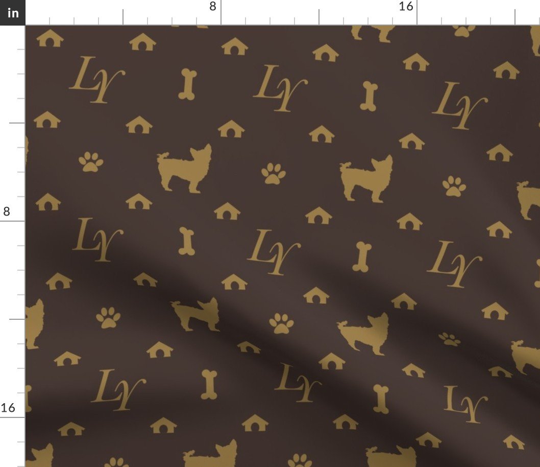 Louis Yorkshire Terrier Luxury Dog Pattern in Tan on Brown Fabric